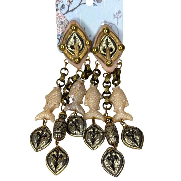 Vintage Fish Charm Earrings Dangle Clip Ons Statement Earrings - Picture 4 of 7